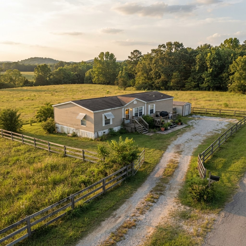 A double-wide manufactured home on a large private rural lot