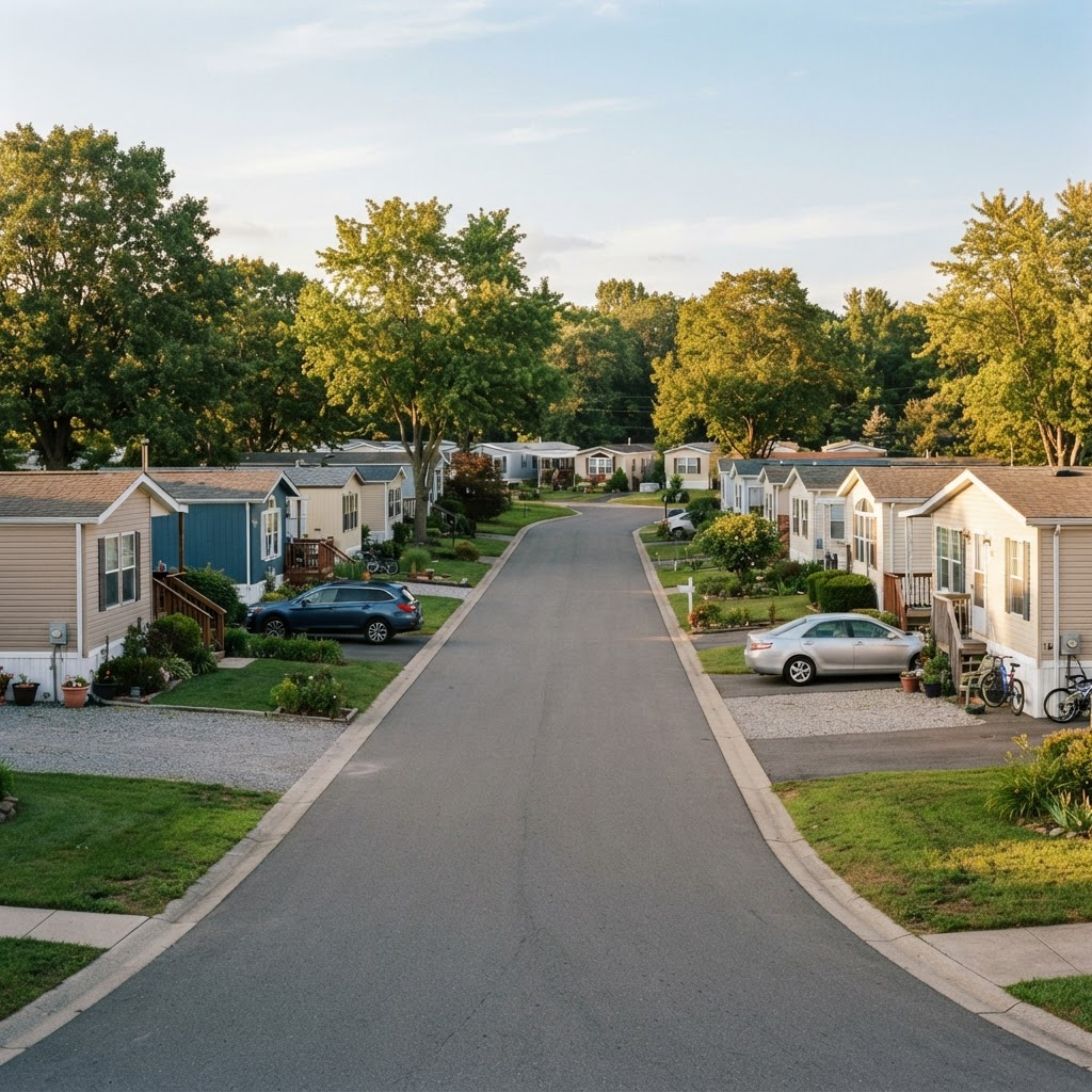 Rows of manufactured homes in a well-kept mobile home park we buy homes in