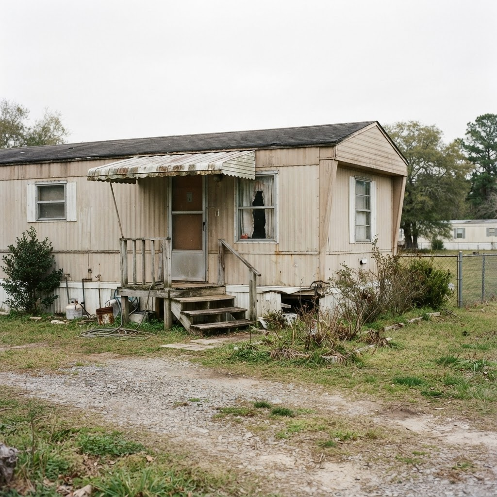 An older single-wide mobile home that needs some repairs